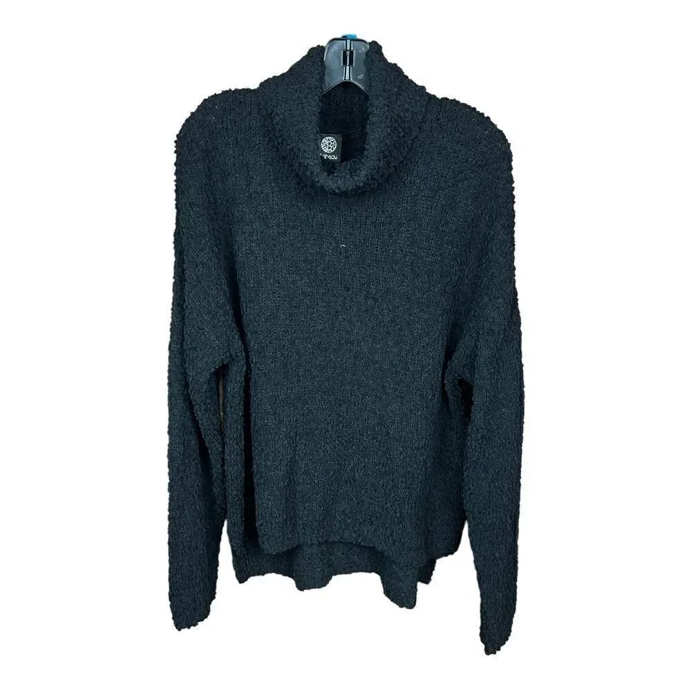Bobeau Sweater Turtleneck Black Popcorn Knit Boucle High Low Long Sleeved Large